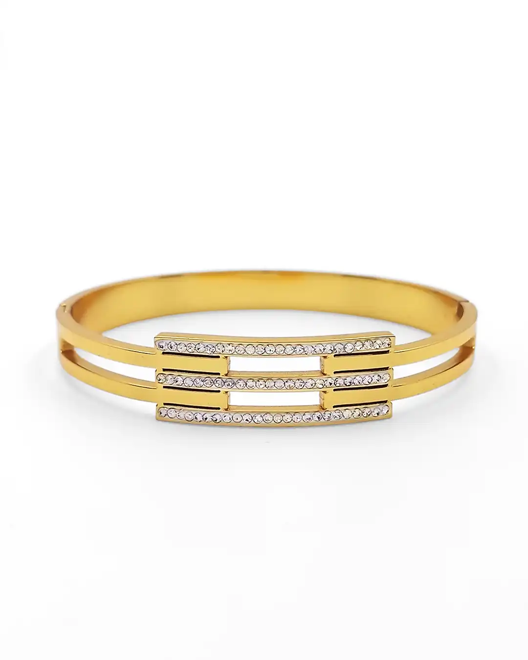 “Elegant gold-plated bracelet with triple-row CZ stone design”